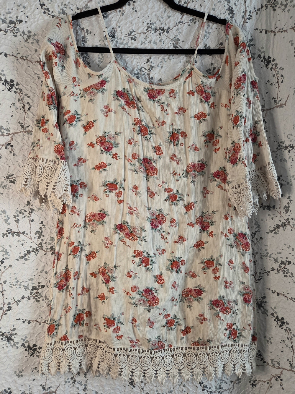 Charming Charlie Cream Floral Cold-Shoulder Mini Dress with Lace Trim